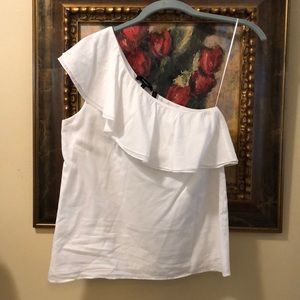 Theory one shoulder double ruffle lightweight lined cotton top
